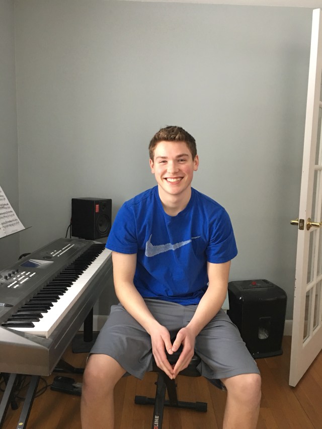 Michael Maroney at his keyboard where he took online lessons for 5 years with Jeffrey Zagaria.